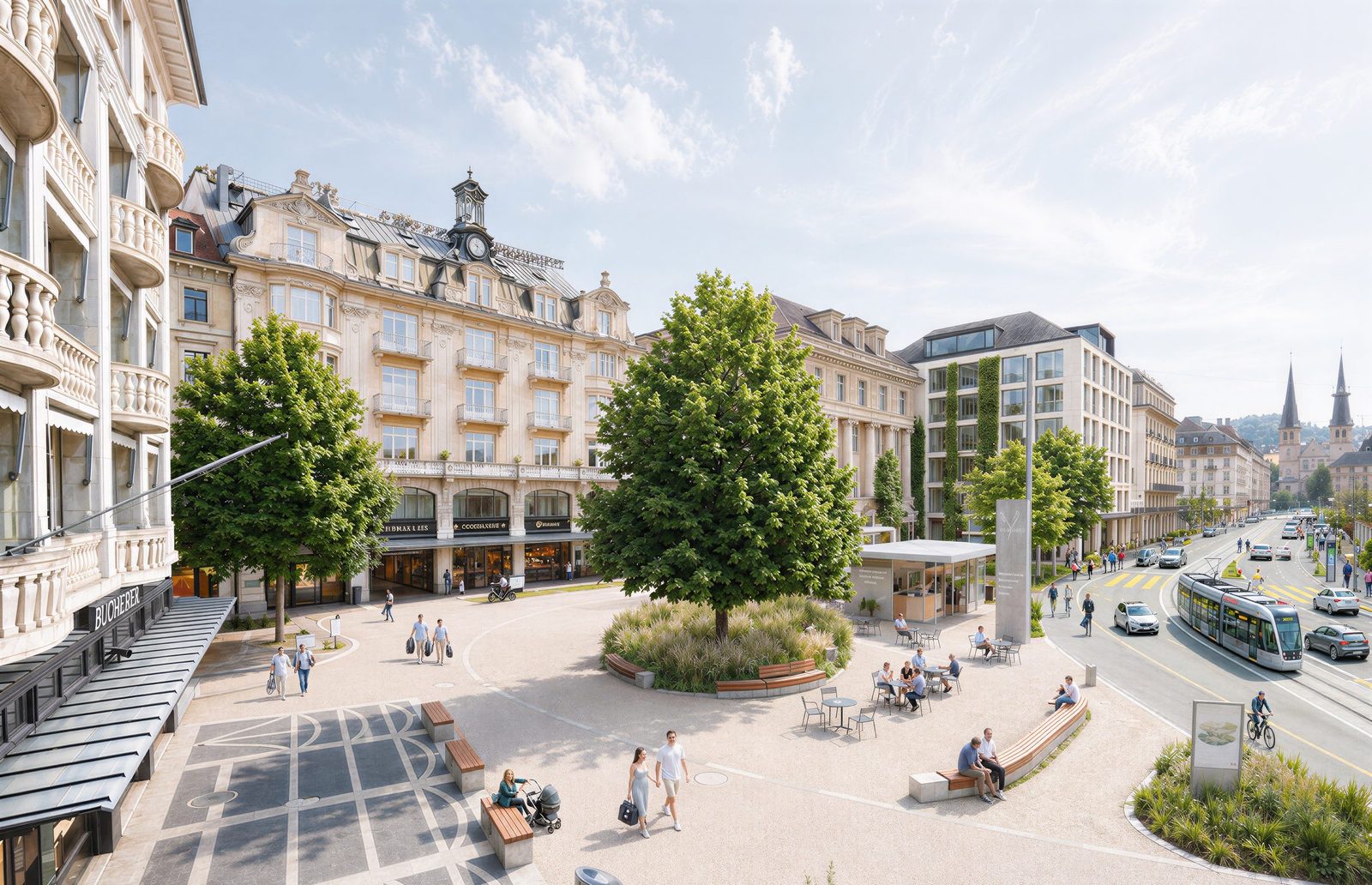 Luzern, KI-Zukunftsbild mit Bäumen, Aufenthaltsflächen und Tram